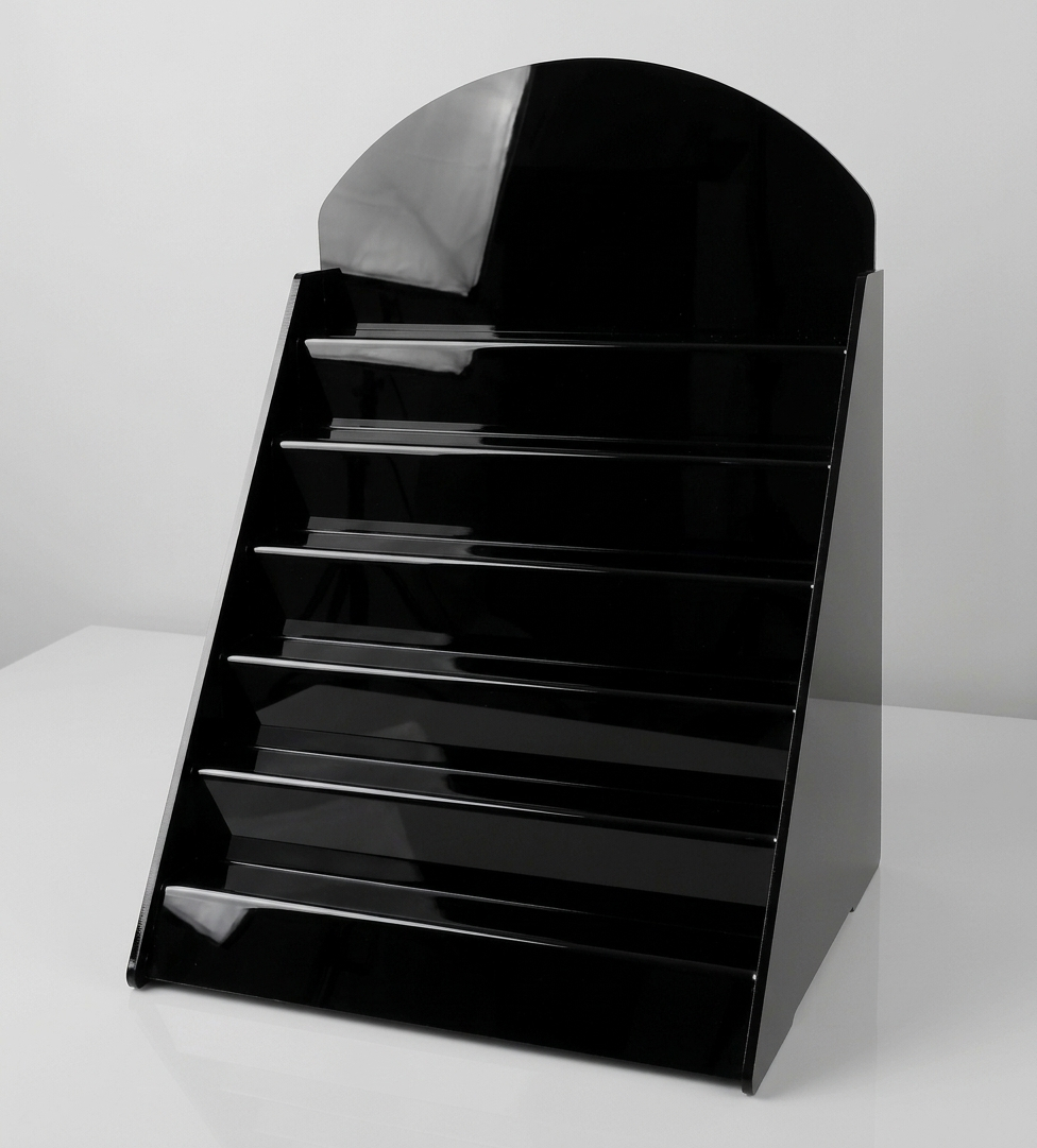 espositore banco plexiglass nero lucido con ripiani